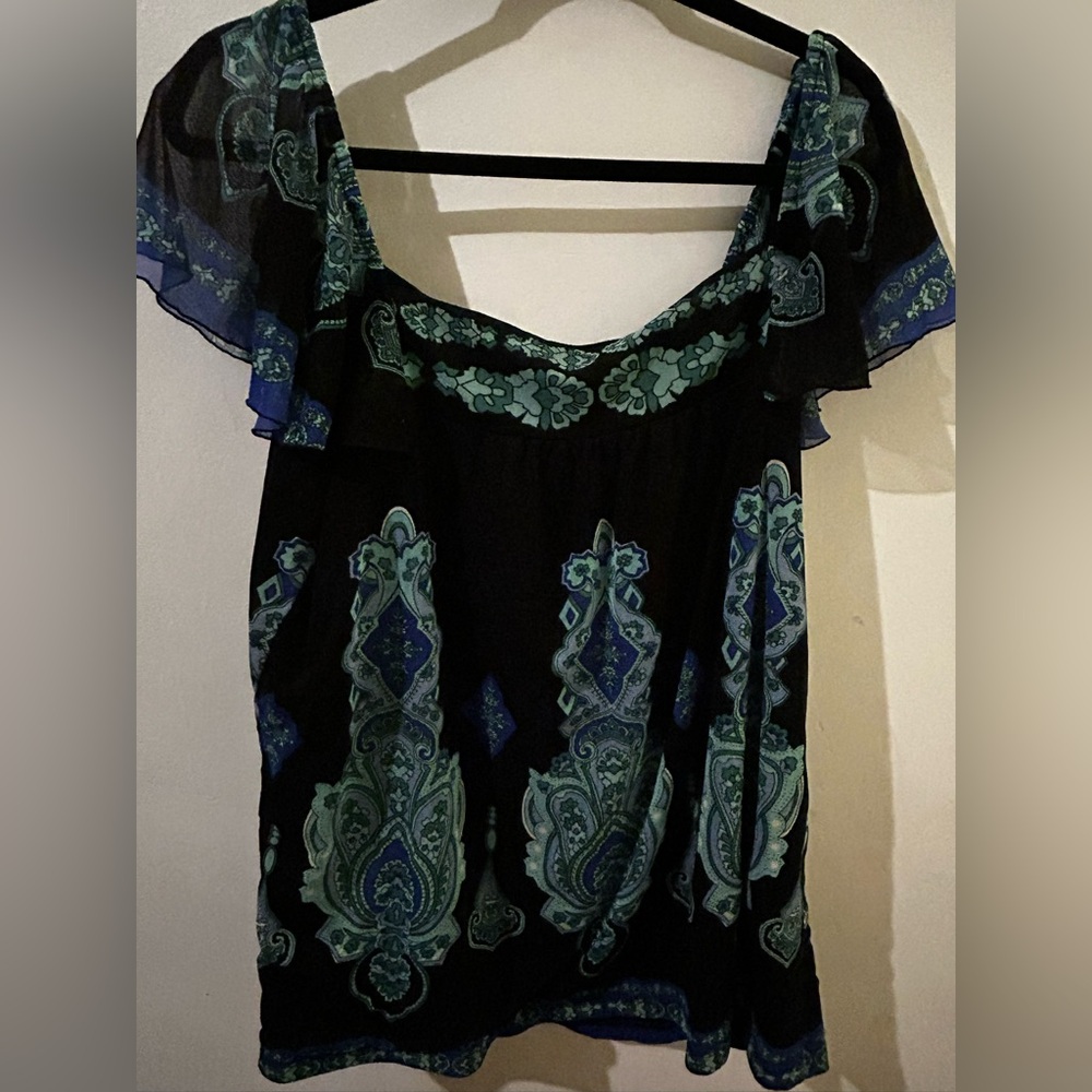INC International Concepts Mesh Black & Blue Ruffled sleeve on/off shoulder 1X - Picture 3 of 11